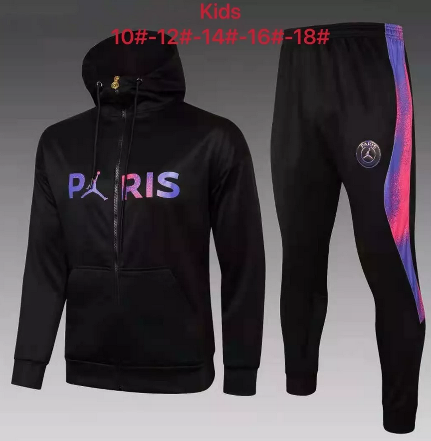 Kids 2021/22 PSG x Jordan Black Hoodie Jacket and Pants Youth Training Suits